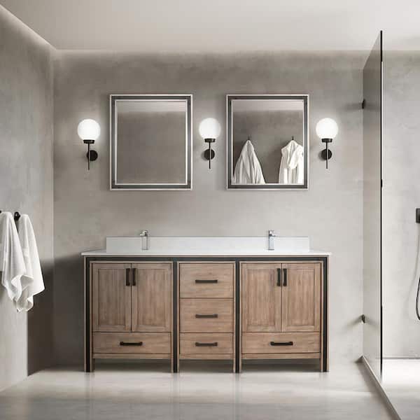 Lexora Ziva 72 in W x 22 in D Rustic Barnwood Double Bath Vanity, White Quartz Top, Faucet Set and 30 in Mirrors