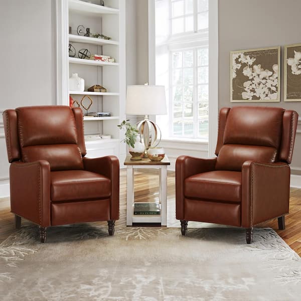 LUE BONA 26 in. W Red Brown Genuine Leather Recliner Chair with Wooden Legs Push Back Chair with Nail Head Trim (set of 2)