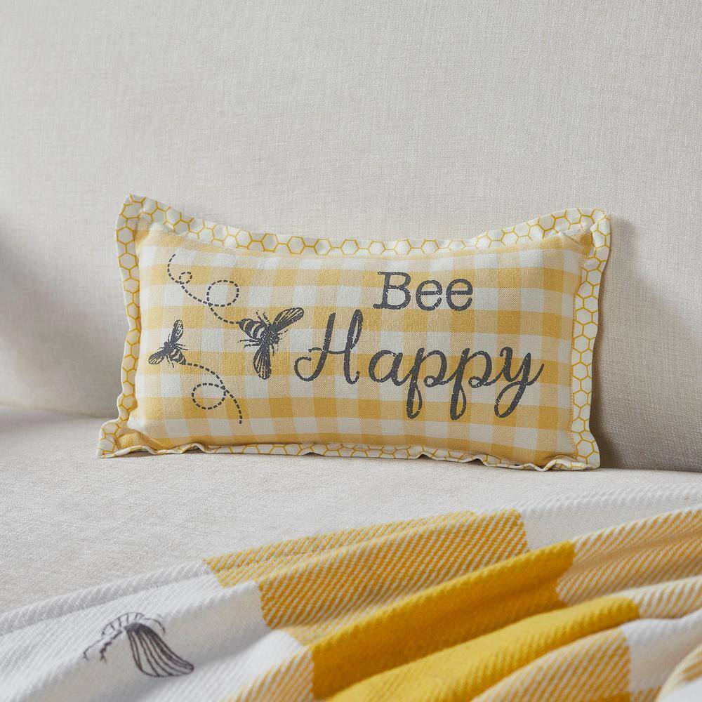 Bee Happy Yellow Plaid Cotton Rectangular Throw Pillow