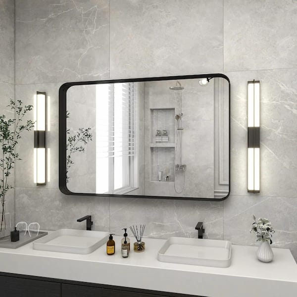 HOMLUX 40 in. W x 30 in. H Rectangle Framed Wall Bathroom Vanity Mirror in Black Decorative Modern Rust-Resistant