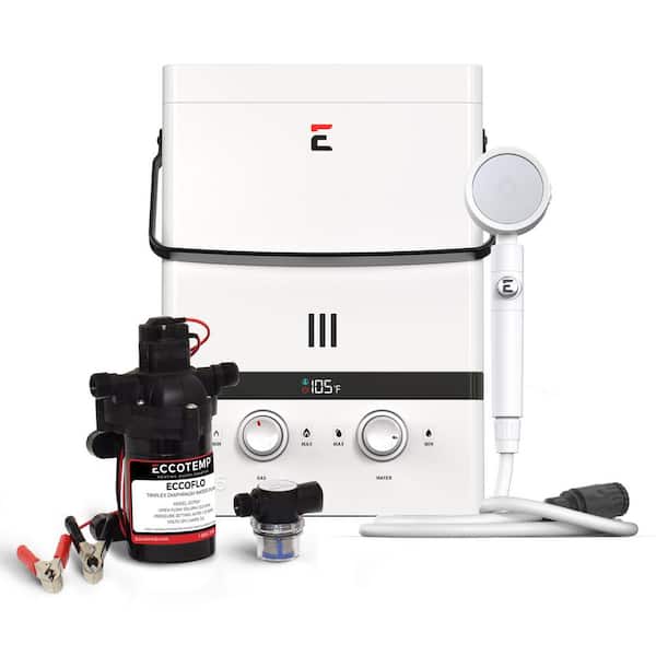 Eccotemp Luxe 1.5 GPM Outdoor Portable Gas Tankless Water Heater with EccoFlo Diaphragm 12-Volt Pump and Strainer
