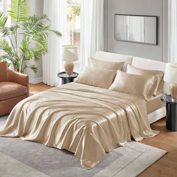 Home Decor OEKO-TEX Certified 6-Piece Satin Sheet Set Wrinkle Free, Smooths Out Frizzy Hair When Sleep, King, Champagne