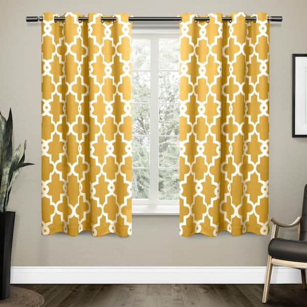 EXCLUSIVE HOME Ironwork Sundress Yellow Woven Trellis 52 in. W x 63 in. L Noise Cancelling Grommet Blackout Curtain (Set of 2)