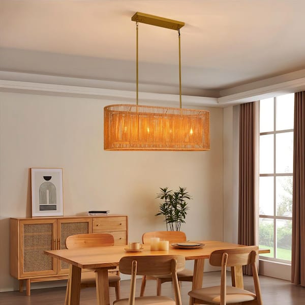 Boho 4-Light Painted Gold Finish Farmhouse Rectangle Chandelier with 2-Tier Natural Rattan Shade for Kitchen Island
