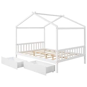 White Full Size House Platform Bed with Two Drawers, Wood House Bed Frame Full with Roof Design for Kids