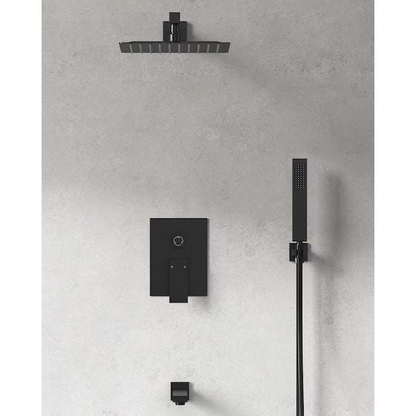 Pressure Balance Single Handle 3-Spray Wall Mount 10 in. Tub and Shower Faucet 2.5 GPM in. Matte Black Valve Included