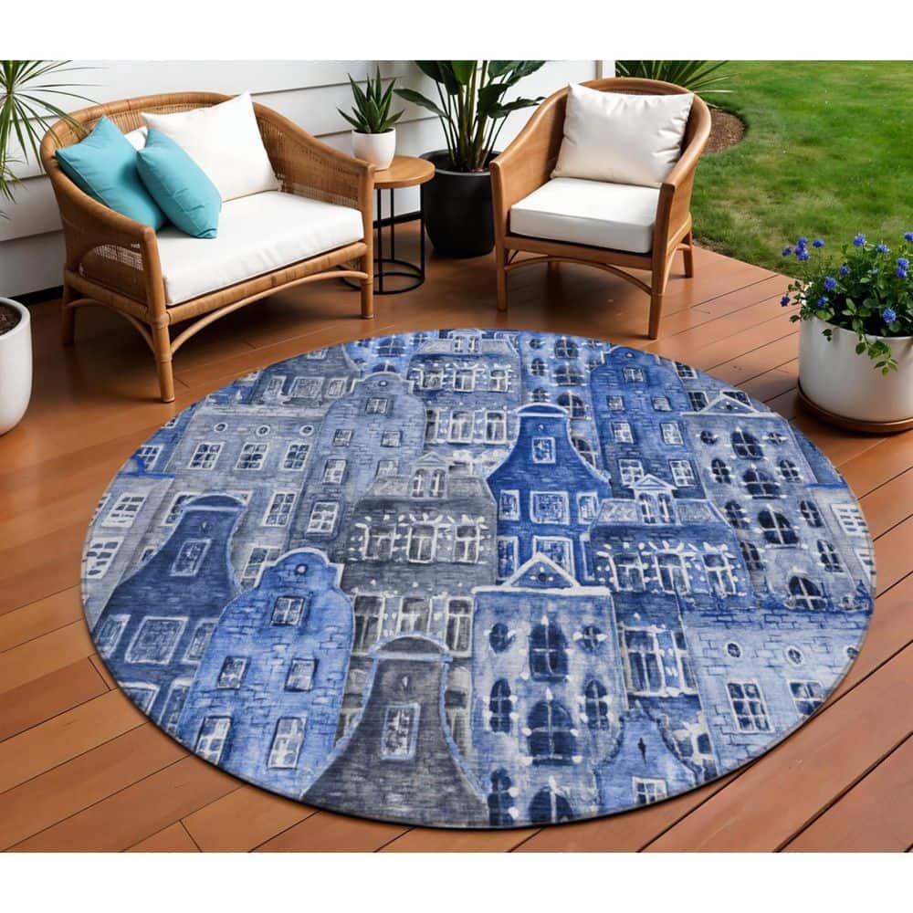 Navy Blue, Sky Blue 8 ft.  RoundWoven Geometric Polyester Round Indoor / Outdoor Area Rug price history on PriceWatchPro