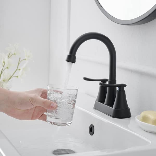 Easy Install 4 in. Centerset Double Handle Spot Resistant Bathroom Faucet with Drain Kit in Matte Black