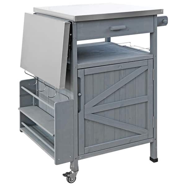 40.5 in. W Gray Blue Farmhouse Solid Wood Outdoor Kitchen Island Grill Cart with Stainless Steel Top and One Drawer