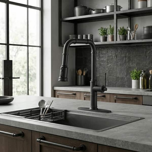 18 in. Single Handle Pull Down Sprayer Kitchen Faucet with 3-Mode Sprayer Head in Matte Black