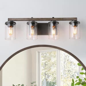 28 in. 4-Light Rust Black Farmhouse Bathroom Vanity Light with Brushed Faux Wood/Gray Accents and Clear Glass Shades