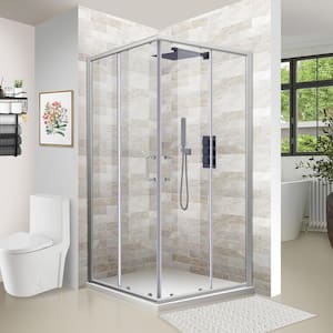 36 in. x 72 in. Corner Shower Enclosure Clear Glass Double Sliding Doors with Handle Brushed Nickel ( Base not Included)