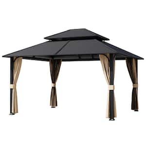 10 ft. x 12 ft. Outdoor Hardtop Gazebo Double Galvanized Steel Roof with Curtains for Garden, Patio, Lawns
