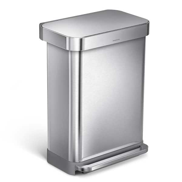 55L Rectangular Step Kitchen Trash Can with Liner Pocket, Brushed Stainless Steel