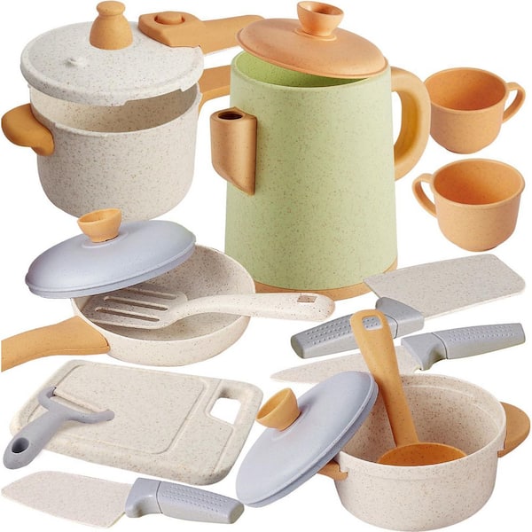 13-Piece Plastic Kitchen Playset Pink Pretend Cooking Toys Set with Kettle Pots Pans Utensils for Kids Ages 3 Plus