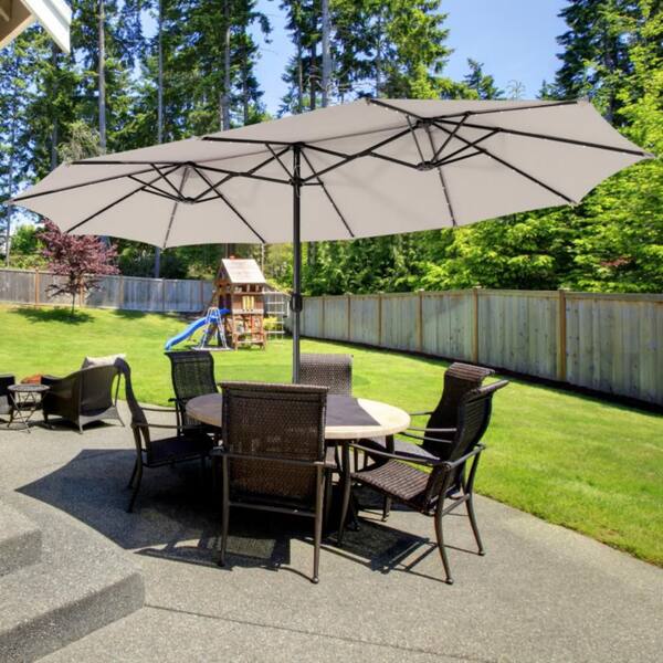 double vented patio umbrellas with lights Clihome 15 ft. Double-Sided Solar LED Lighted Patio Umbrella in Beige with Crank and Vented Canopy for Backyard Garden