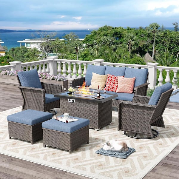 Brafab 6-Piece Outdoor Patio Furniture Set with 44 in. Gas Fire Pit Table, Wicker Swivel Rocking Chairs and Cushions, Blue