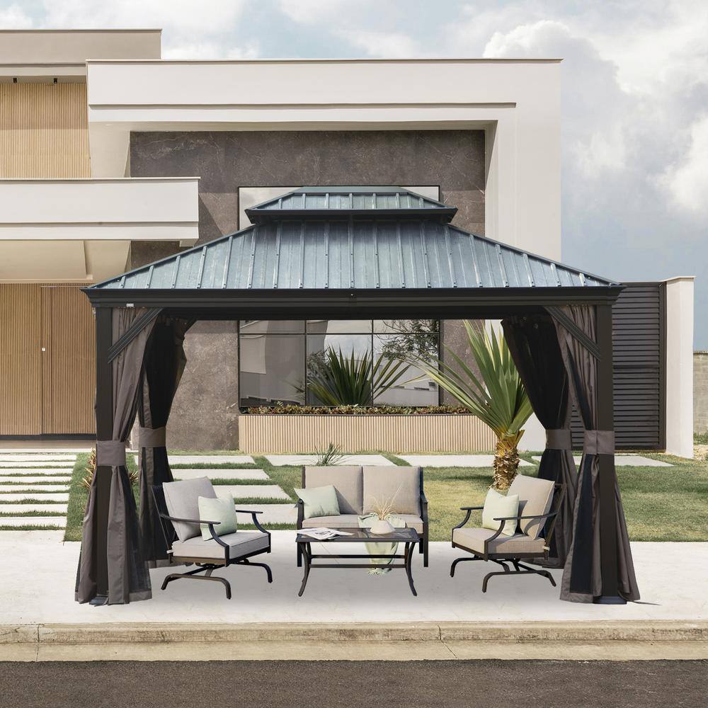 10' x 12' Brown Galvanized Steel Hardtop Gazebo with Curtains and Netting