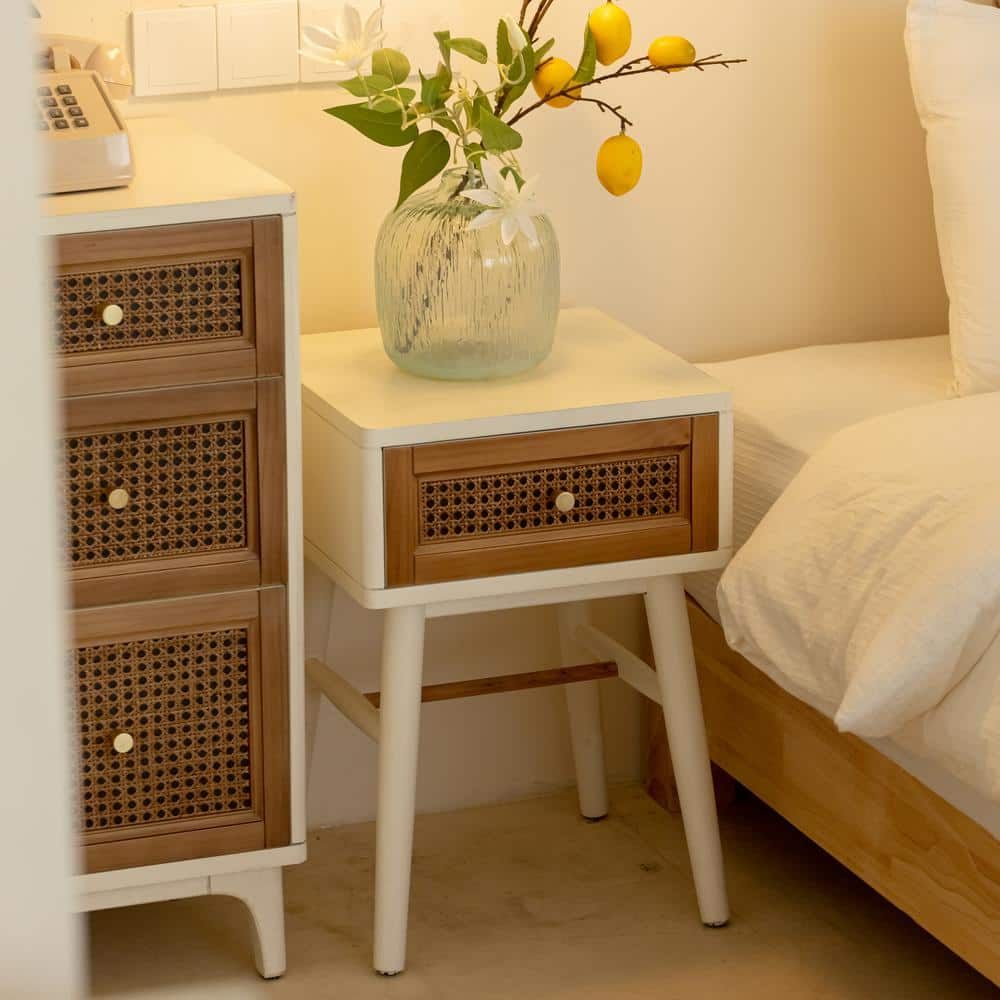 Coastal Chic Distressed White Woven Cane Nightstand with Brass Knobs