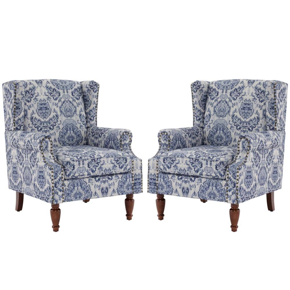 Uixe Navy Blue Floral Pattern Linen Upholstered High Back Accent Arm Chair With Nailhead Trim Set of 2 CH0036 NY 2 The Home Depot