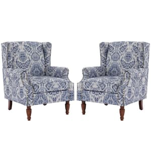 Navy Blue Floral Pattern Linen Upholstered High Back Accent Arm Chair With Nailhead Trim(Set of 2)