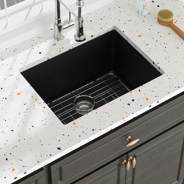 24 in. Undermount Single Bowl Black Quartz Kitchen Sink with Bottom Grids