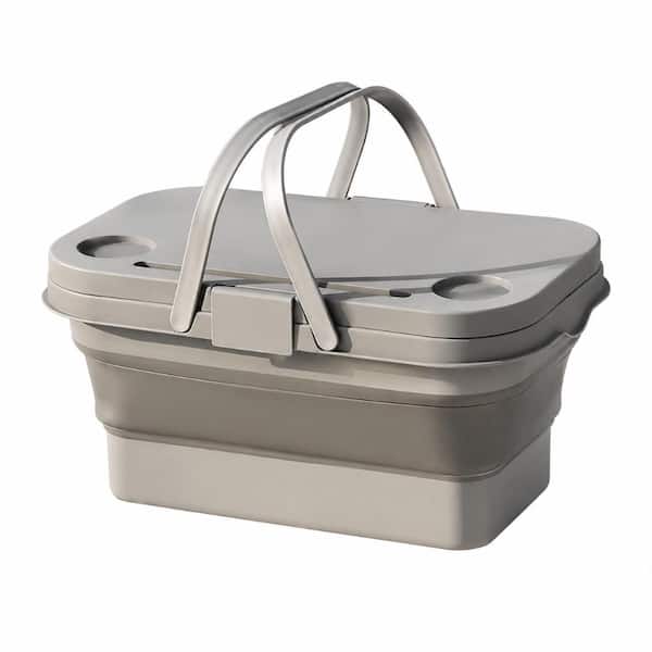 Collapsible Gray Picnic Basket with Convertible Table Lid and Handles for Outdoor Dining Picnic Baskets