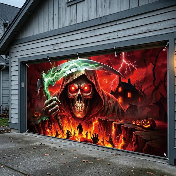 Justincity 16 ft. x 7 ft. Halloween Garage Door Cover Skull Ghost