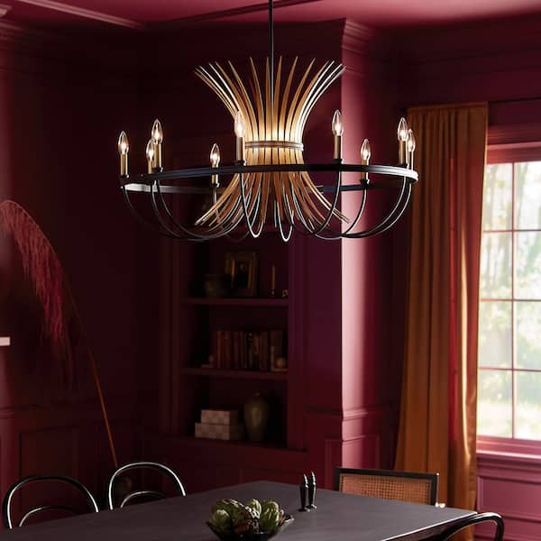 Baile 37 in. 10-Light Natural Brass and Black Vintage Candle Circle Chandelier for Dining Room