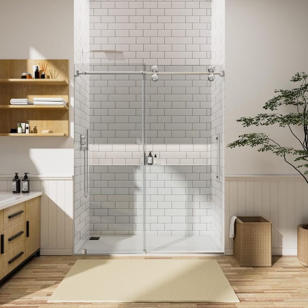 60 in. W x 80 in. H Single Sliding Frameless Shower Door in Brushed Nickel with 3/8 in. Clear Glass
