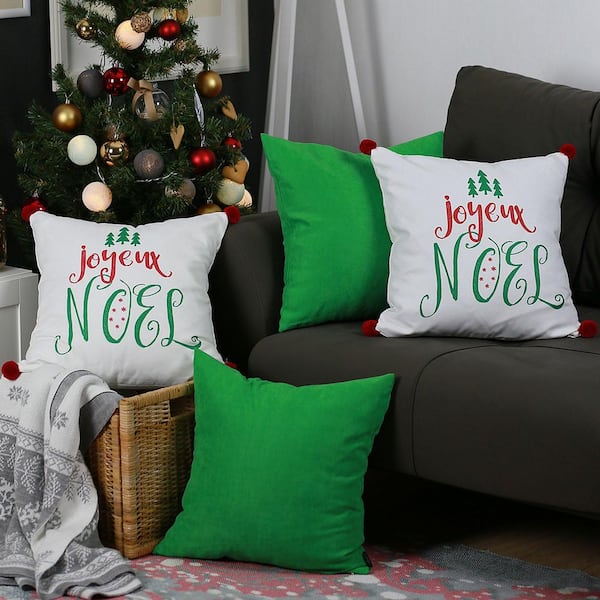 MIKE & Co. NEW YORK Christmas Quote Decorative Throw Pillow Square 18 in. x 18 in. White and Green and Red with Pompoms