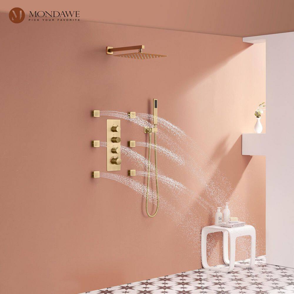 Brushed Gold Dual Square Wall Mounted Shower System with Body Jets