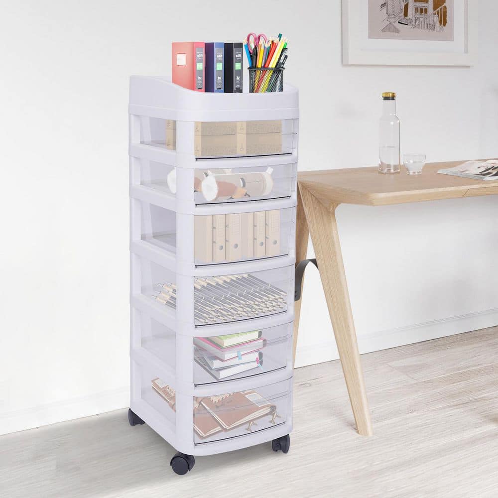White 6-Tier Plastic Rolling Storage Cart with Clear Drawers