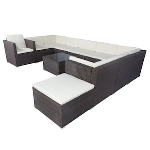 11-Piece Brown Wicker Outdoor 10 Seater Sectional Set with 3 Storage Box Under Seat White Cushions for Garden