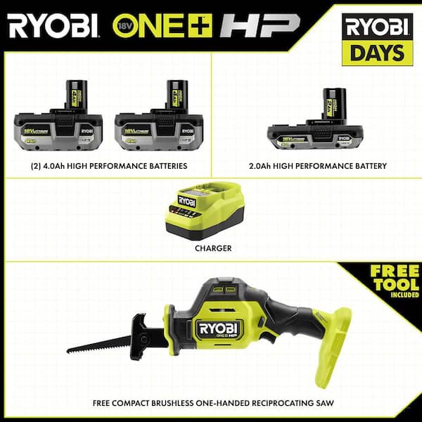ONE+ 18V HIGH PERFORMANCE Kit w/ (2) 4.0 Ah Batteries, 2.0 Ah Battery, Charger, & FREE ONE+ HP 18V One-Handed Recip Saw