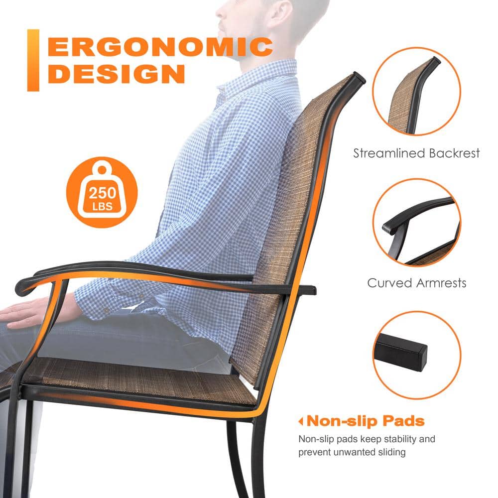 Black and Brown Steel Frame Outdoor Dining Chairs with Armrests