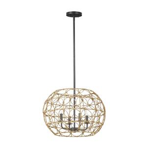 4-Light Black Spherical Pendant Light with Rattan Shade