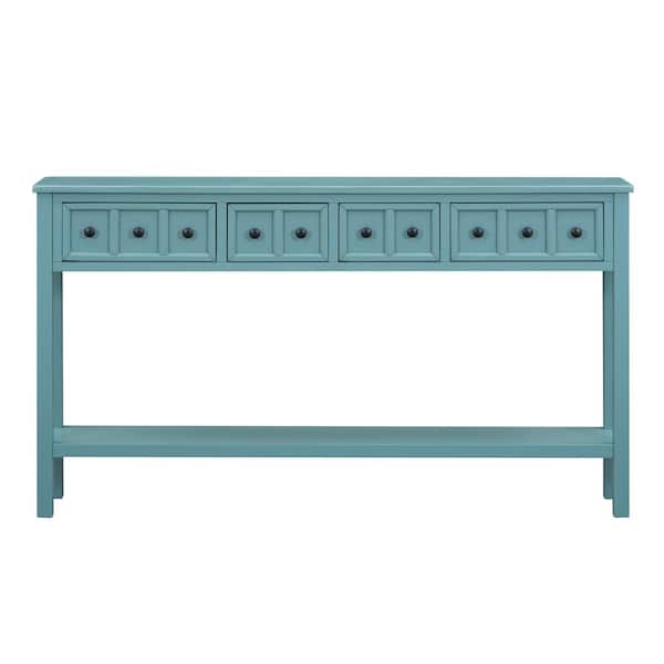 LCEPURE TRADE INC 60 in. Turquoise Green Rectangle Wood End Table, Rustic Entryway Console Table, Long Sofa Table with Drawers and Shelf