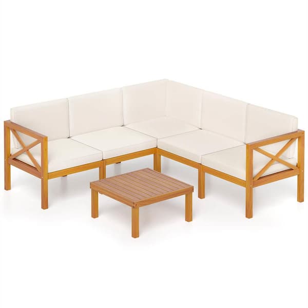 6-Piece Acacia Wood Patio Conversation Set with Coffee Table for Garden and Off-White Cushions