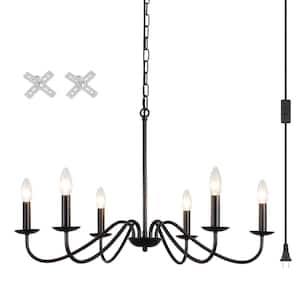 6 Light 27.55 in. Black Morden Chandeliers with Plug-in Cord for Bedroom Living Room with No Bulbs Included