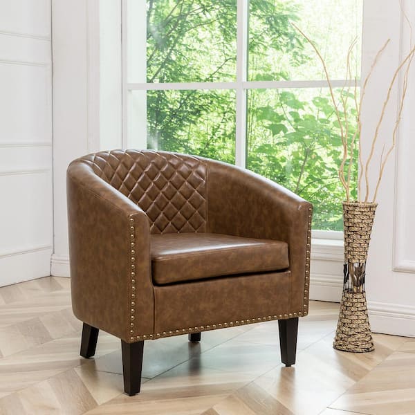 KINWELL Coffee Modern Faux Leather Upholstered Accent Tufted Club Chair