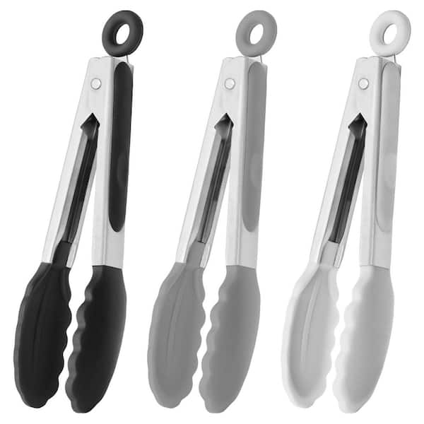 7 in. Small Silicone Tongs for Kitchen, Baking, Cooking, Picnic, Party, School and Buffet Use, Black Gray White (3-Pack)