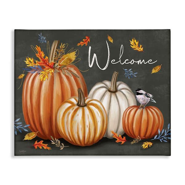 Welcome with Autumnal Pumpkins by Elizabeth Tyndall Unframed Typography Graphic Art Print 24 in. x 30 in.