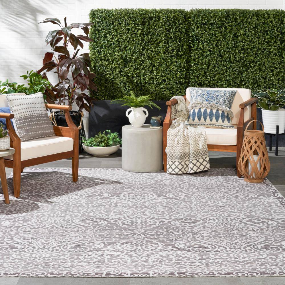 Stone Gray Damask Washable Chenille Area Rug 7'10" x 9'10"