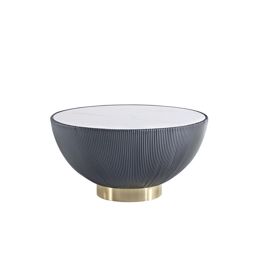 Gray Round Marble Coffee Table with Gold Base and Leatherette Pleating