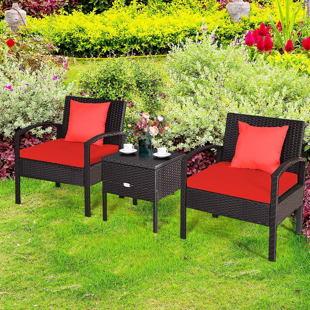 Red Cushioned Black Rattan 2-Person Patio Conversation Set