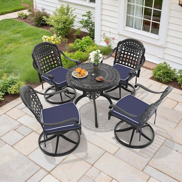 5-Piece Black Cast Aluminum Patio Outdoor Dining Set with Round Table and 4 Swivel Chairs with Blue Cushions