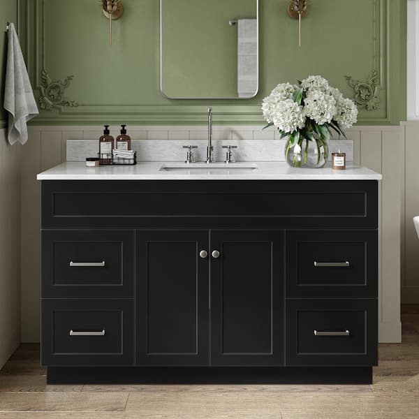 Hamlet 55 in. W x 22 in. D x 35.25 in. H Bath Vanity in Black with Carrara White Marble Vanity Top