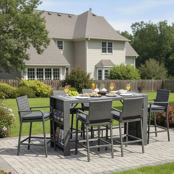 Gray 7-Piece PE Wicker Rectangular Bar Height Outdoor Serving Bar Set Patio Dining Set with Dark Gray Cushions