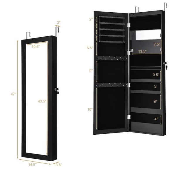 Gymax 47 in. H x 14.5 in. W x 3.5 in. D Wall Door Mounted Lockable Jewelry Cabinet Armoire Organizer with LED Black